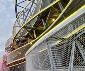 Colored light tracing waves through steel architecture