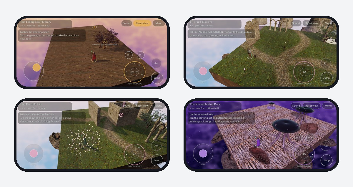 Aetherfold 4D iPhone screenshots: the Weave dial turning the world through 4D, floating-island chambers in spring, mushroom night and celebration light, with the touch joystick and Reset view