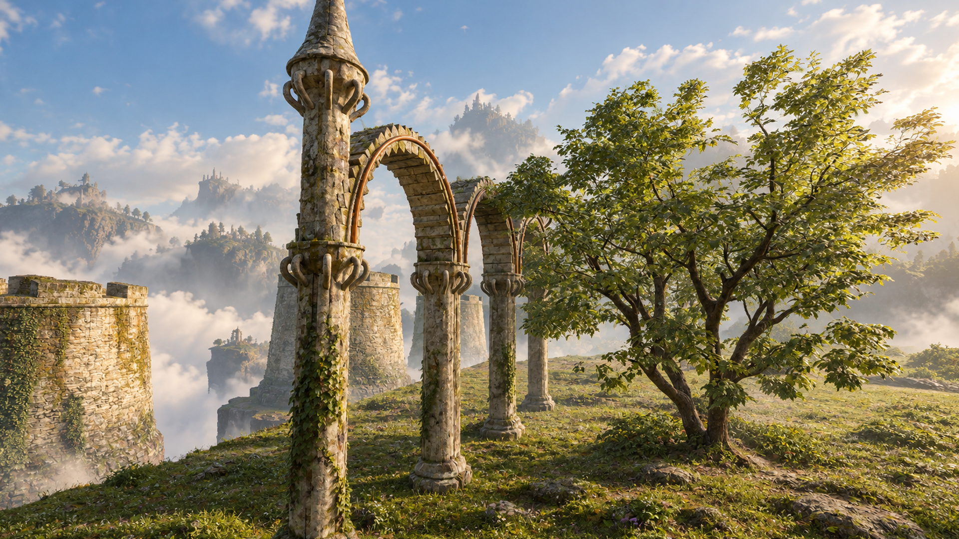 Aetherfold 4D fantasy realm illustration: a ruined abbey among spring blossoms