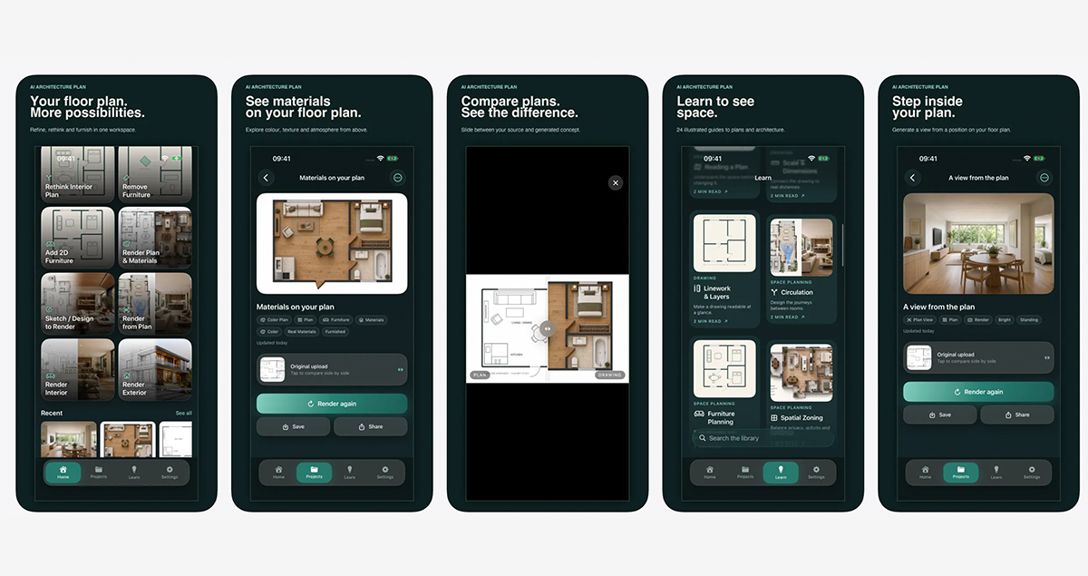AI Architecture Plan screenshots showing floor plan tools, materials, before-and-after comparisons, illustrated guides and interior renders