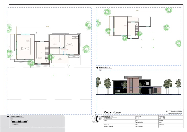 Sheet A-102 with ground and upper floor plans, the south elevation and a title block