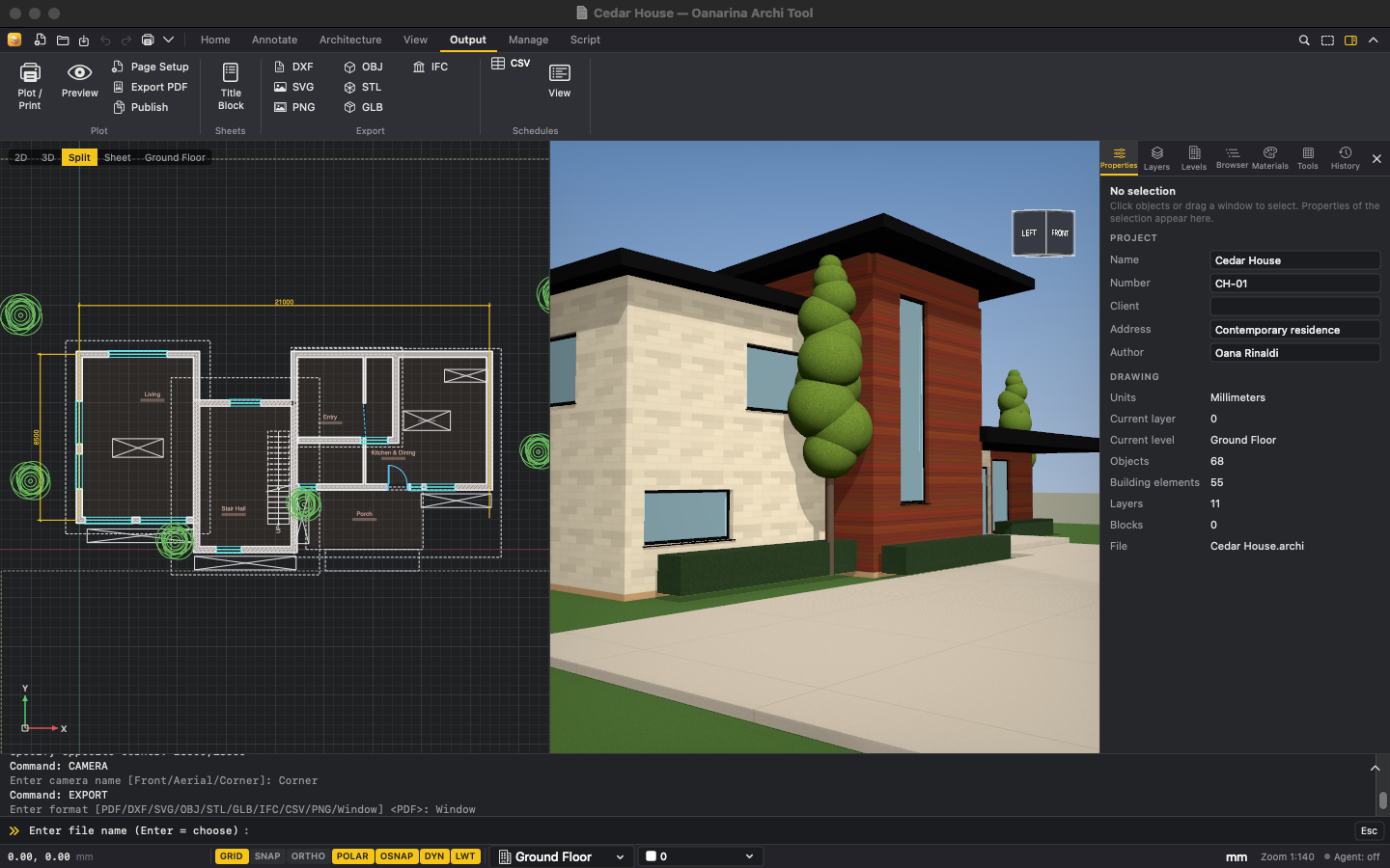 The Oanarina Archi Tool workspace with a house plan in 2D next to its shaded 3D model, the ribbon, properties panel and command line