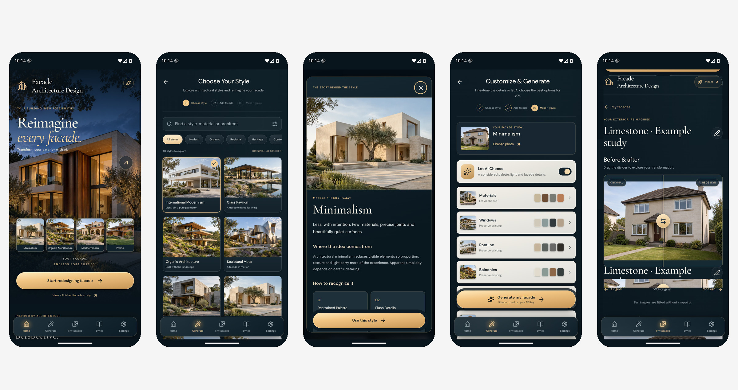 Facade Architecture Design Android screenshots showing the home screen, architectural styles, an illustrated learning guide, facade customization and a before-and-after comparison