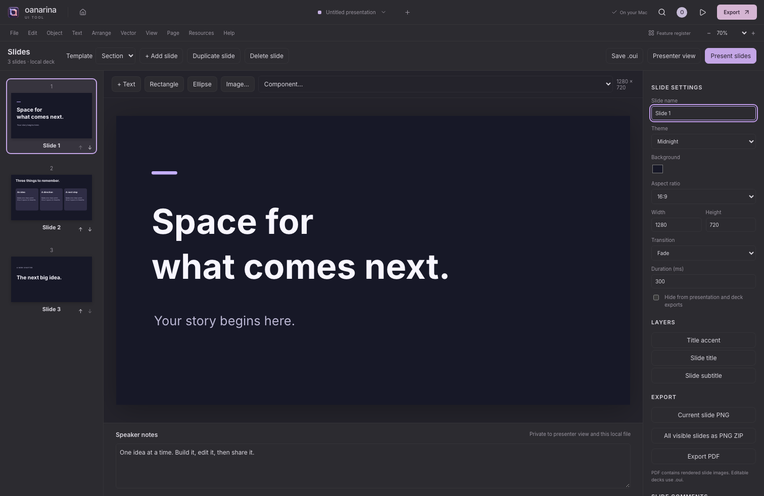 A themed presentation with editable title, thumbnails and speaker notes in Forma Slides