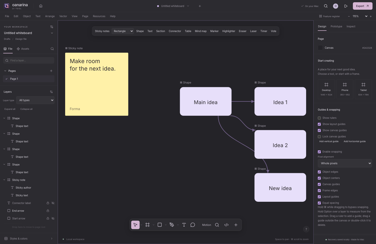 A sticky note and editable mind map in the local Whiteboard workspace