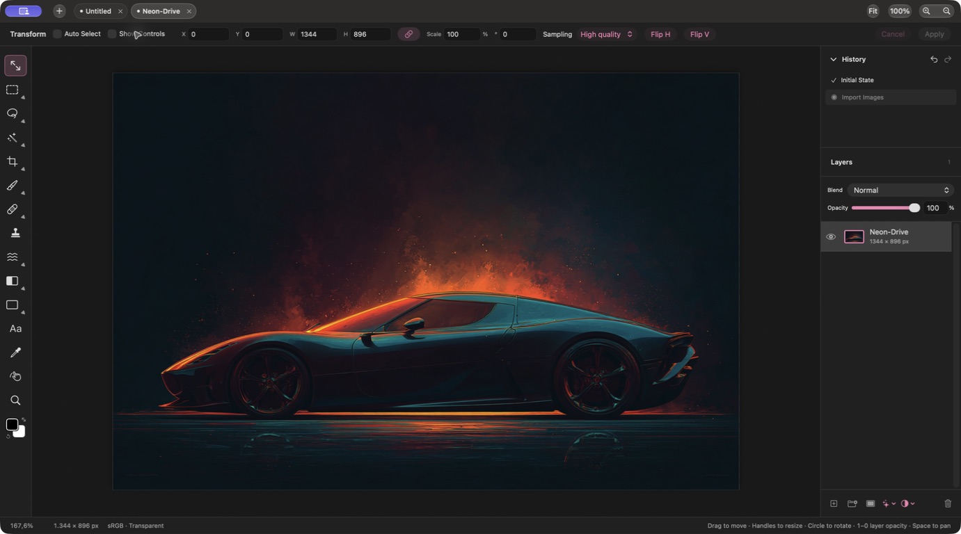 The Oanarina Photo Editor Mac workspace with neon sports-car artwork, tools, layers and edit history