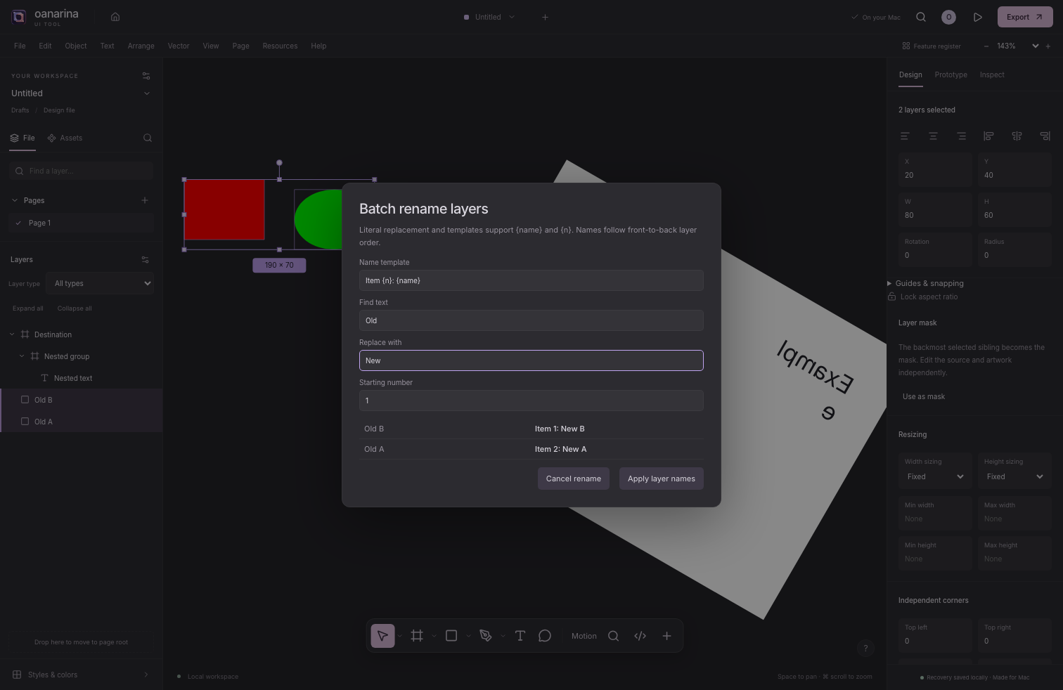 Development editor showing selected layers and a batch-rename preview before applying names