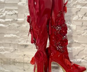 Crimson Secret Garden Couture Boots — A rear view highlights satin bows, trailing ribbons and the golden heels.