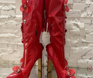 Crimson Secret Garden Couture Boots — The pair from the side, revealing the knee-high silhouette and individual decorative arrangements.