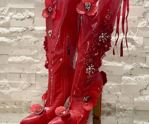Crimson Secret Garden Couture Boots — Hand-decorated couture boots — a secret garden after dark, composed in crimson and gold.