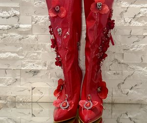 Crimson Secret Garden Couture Boots — A front view of the pair reveals pointed toes, dimensional flowers and jewel-like embellishments.