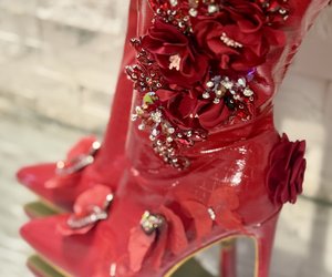 Crimson Secret Garden Couture Boots — A close-up of the sparkling hearts, crystals and floral ornamentation.