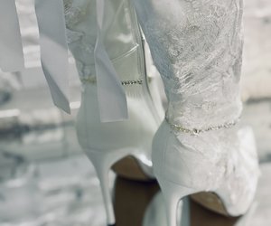 Étoile Blanche Crystal Lace Couture Boots — Cascading satin ribbons above slim stiletto heels — beautiful in motion and from behind.
