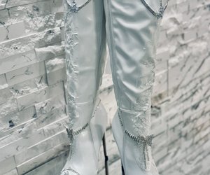 Étoile Blanche Crystal Lace Couture Boots — Draped crystal strands sweep around the upper shaft and ankle.