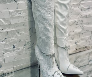 Étoile Blanche Crystal Lace Couture Boots — Floral embroidered lace climbs the shaft like embroidered vines.