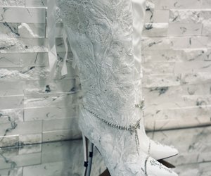 Étoile Blanche Crystal Lace Couture Boots — Lace panels, crystal strands and a slender stiletto heel in luminous ivory-white.