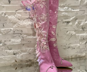 Butterfly Reverie — The pair in luminous rose pink, with embroidered blossoms and three-dimensional butterflies.