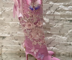 Butterfly Reverie — A side view of the floral embroidery, dimensional butterfly and slender stiletto heel.