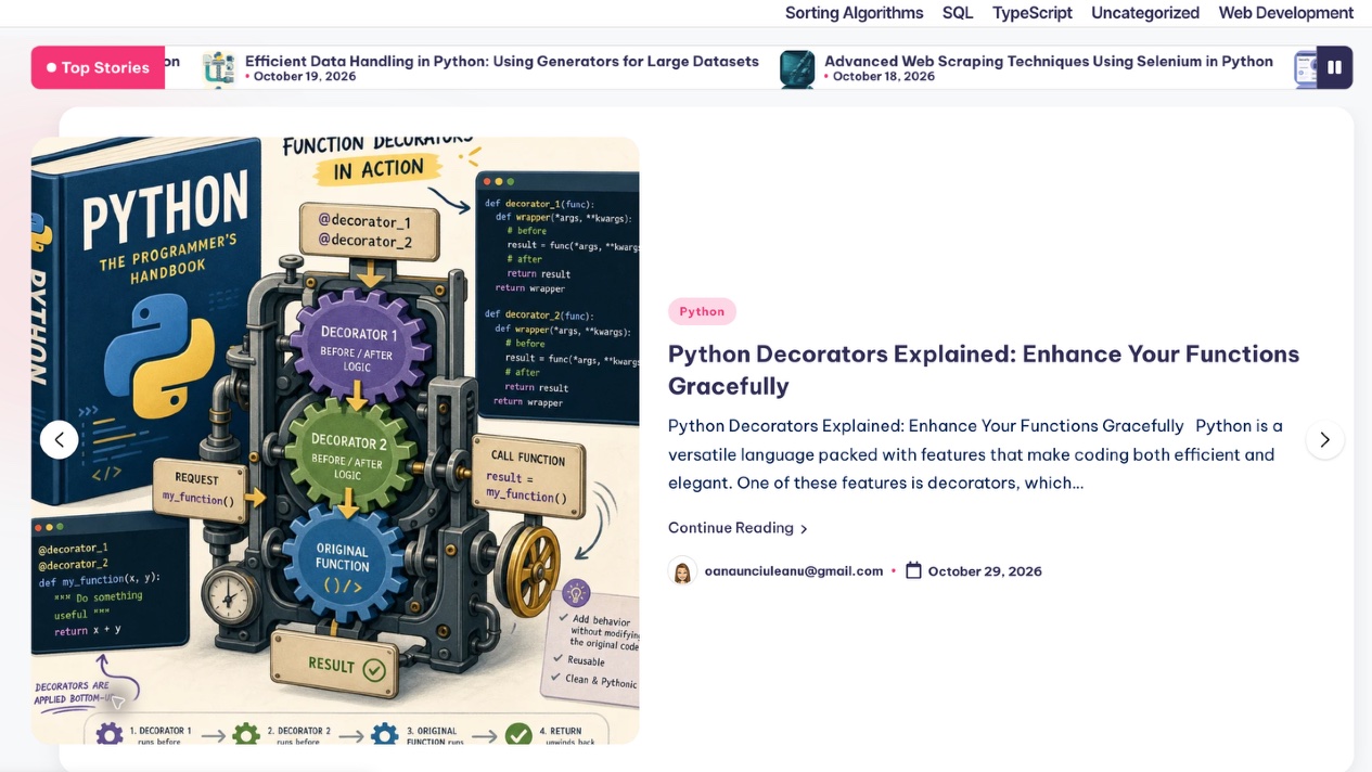 Art of Coding blog preview: Python Decorators Explained, with illustrated function decorators