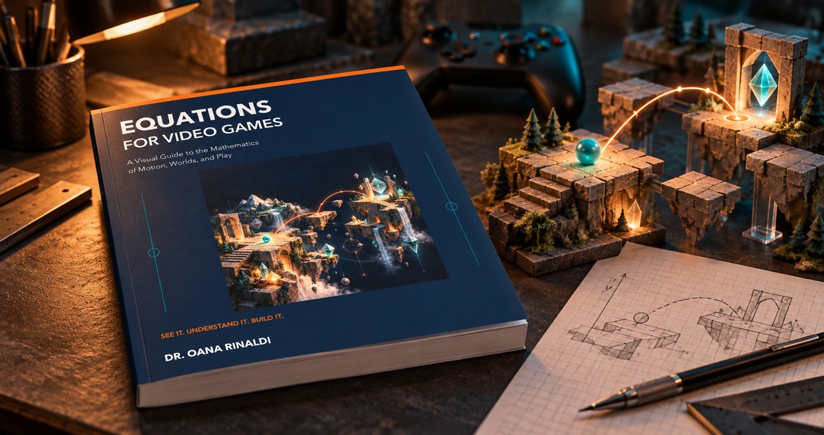Equations for Video Games by Dr. Oana Rinaldi beside a miniature platform game level, an amber jump trajectory, and game-design sketches